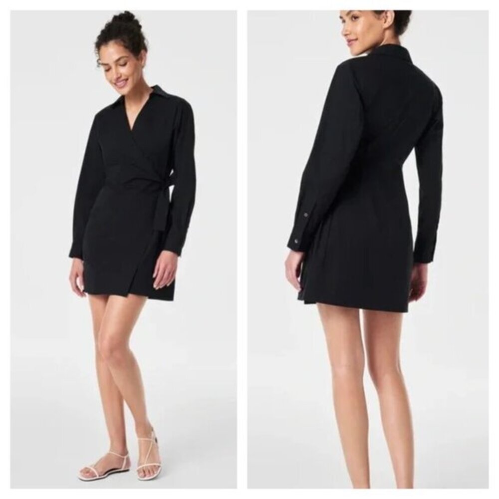 SPANX Perfect Poplin Wrap Dress M Black